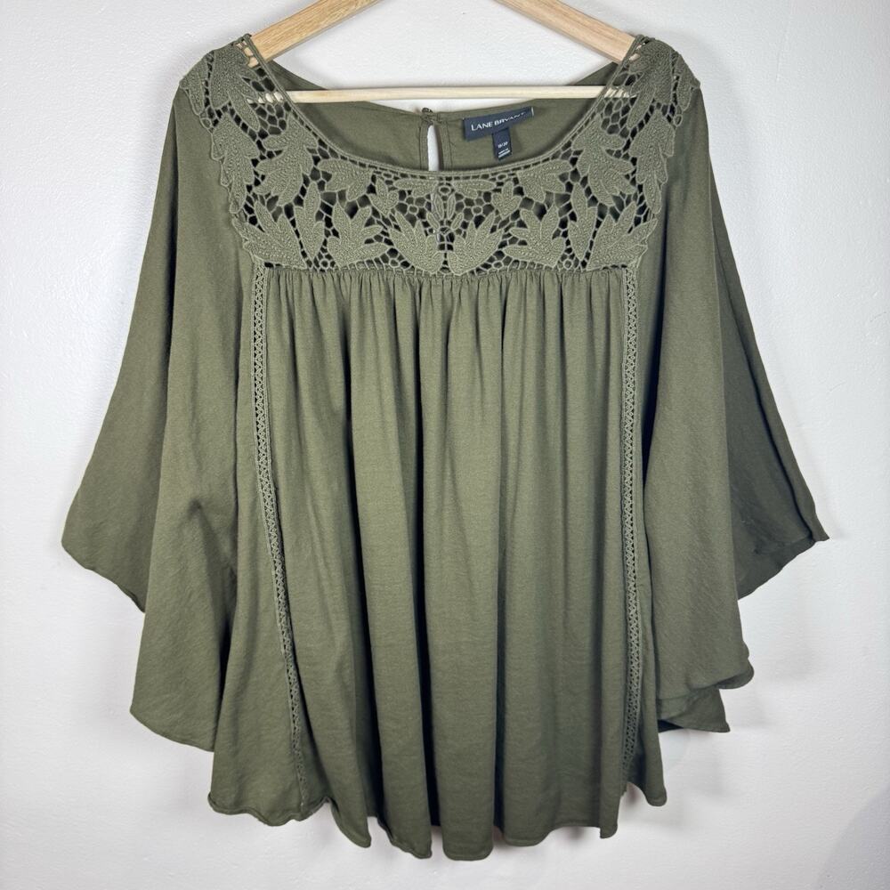 Lane Bryant Womens Peasant Blouse Crochet Bat Wing Sleeve Boho Olive Green 18/20
